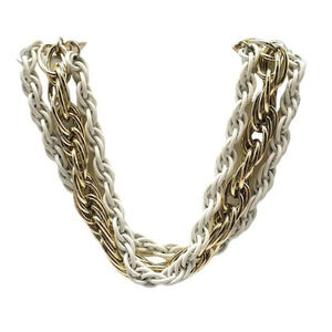 White Enamel Gold Tone Multi-Strand Bib Chunky Chain Necklace Vintage